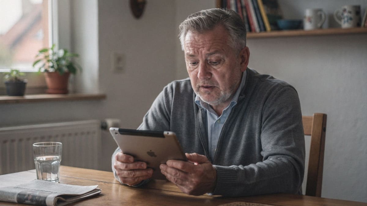 A man in his late fifties reading on a tablet at his kitchen table