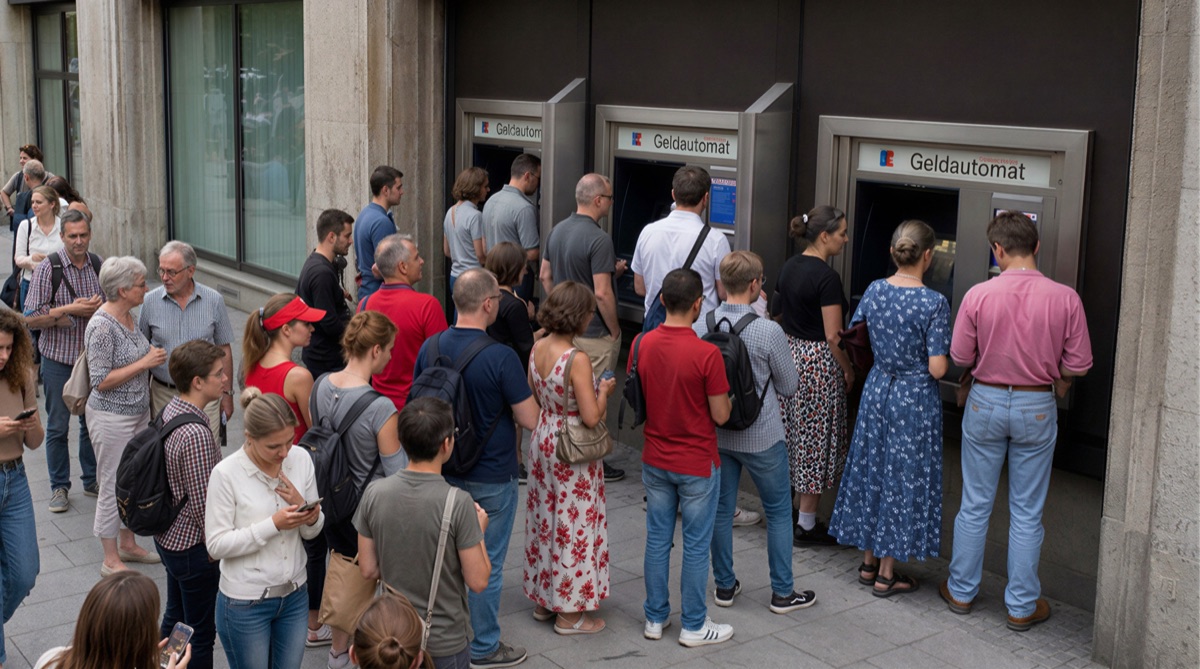 Eine lange Schlange vor den Geldautomaten einer deutschen Bank