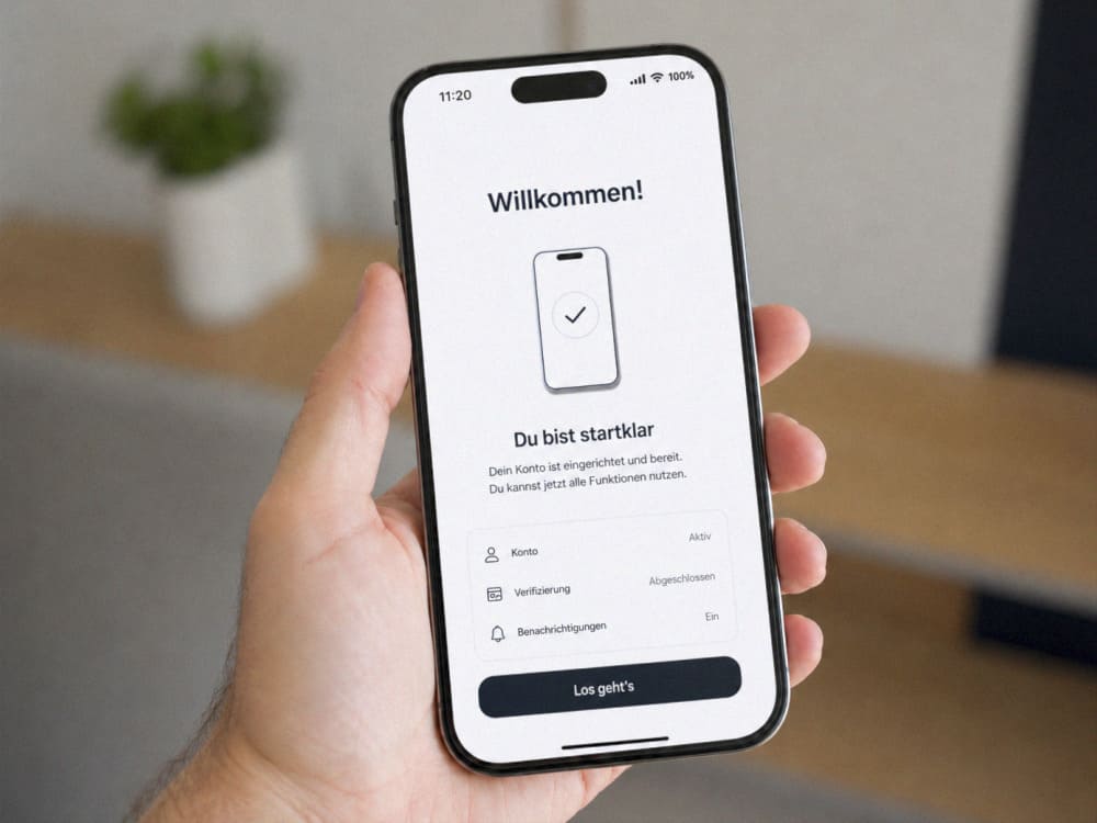 A hand holding a phone showing the account set-up confirmation screen
