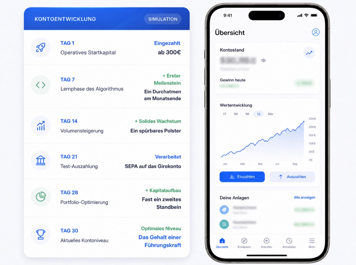 Der Einrichtungsablauf über dreißig Tage, daneben die Kontoübersicht in der App