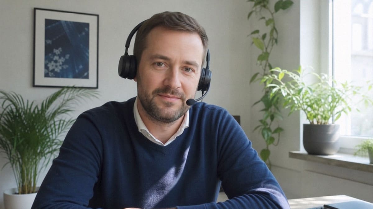 A German-speaking advisor wearing a headset at his desk